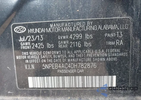 2013 Hyundai Sonata Gls z USA, uszkodzony, nr VIN 5NPEB4AC4DH782876